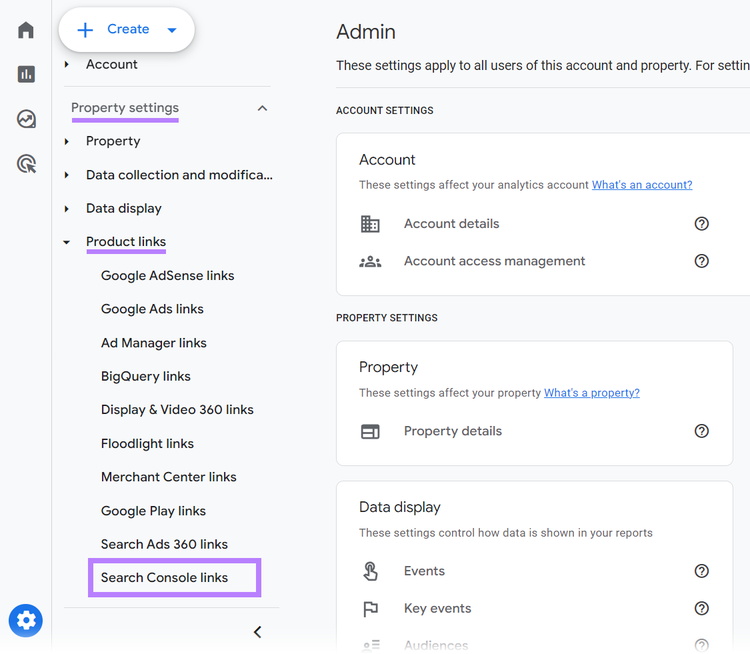 Property settings and Product links menus expanded and Search Console Links option highlighted.