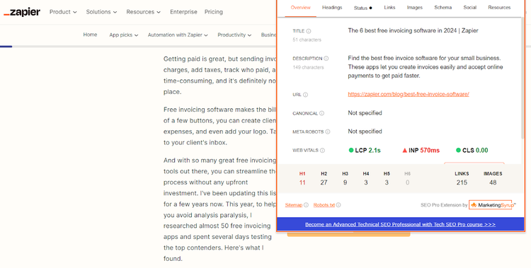 Zapier article with SEO Pro Extension showing page title, meta, and web vitals