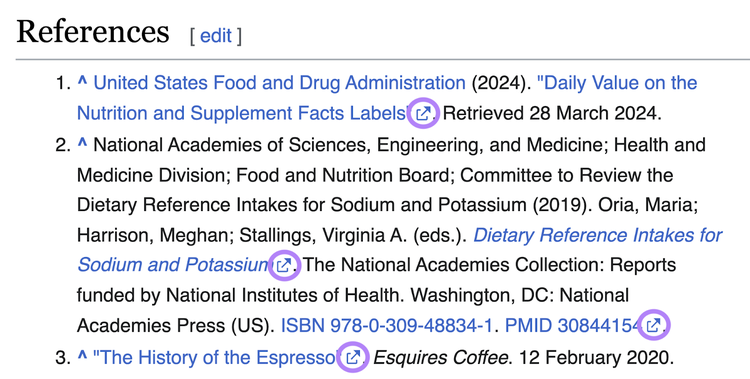 External link icons appear next to the name of the source and are highlighted in a Wikipedia page's References section