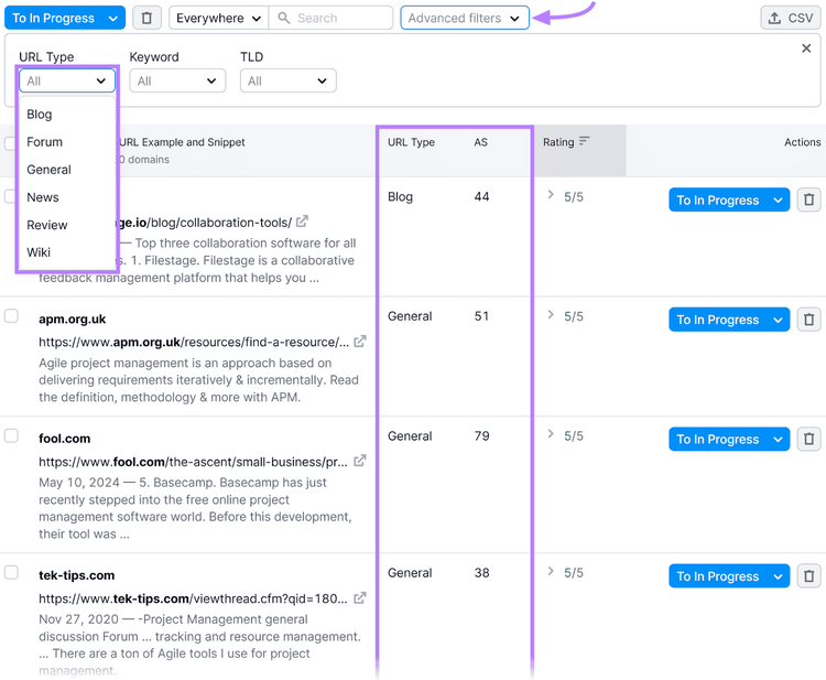Link Building Tool showing a filtered URL list with "URL type" and authority score columns, presented in a purple box.