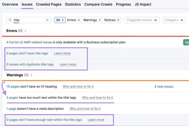 Site Audit Issues tab with search results for title tag problems