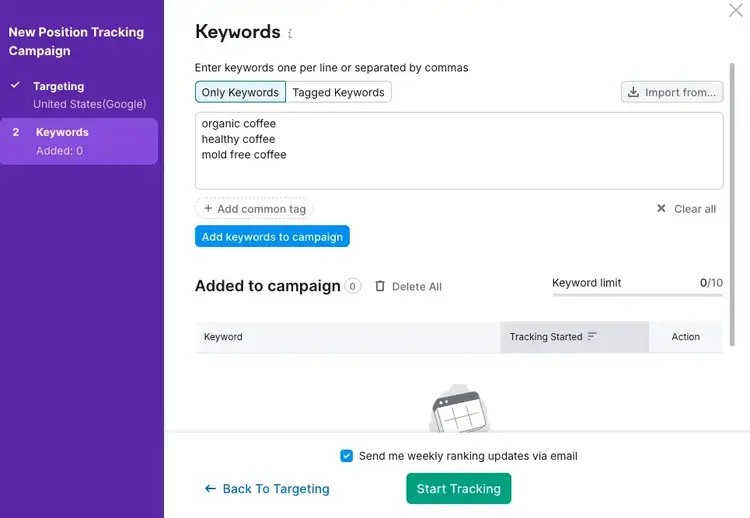 Position Tracking campaign setup showing targeting, keyword list (organic coffee, healthy coffee)
