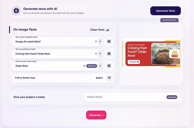 AI text generation tool showing McDonald's ad copy variants and scores