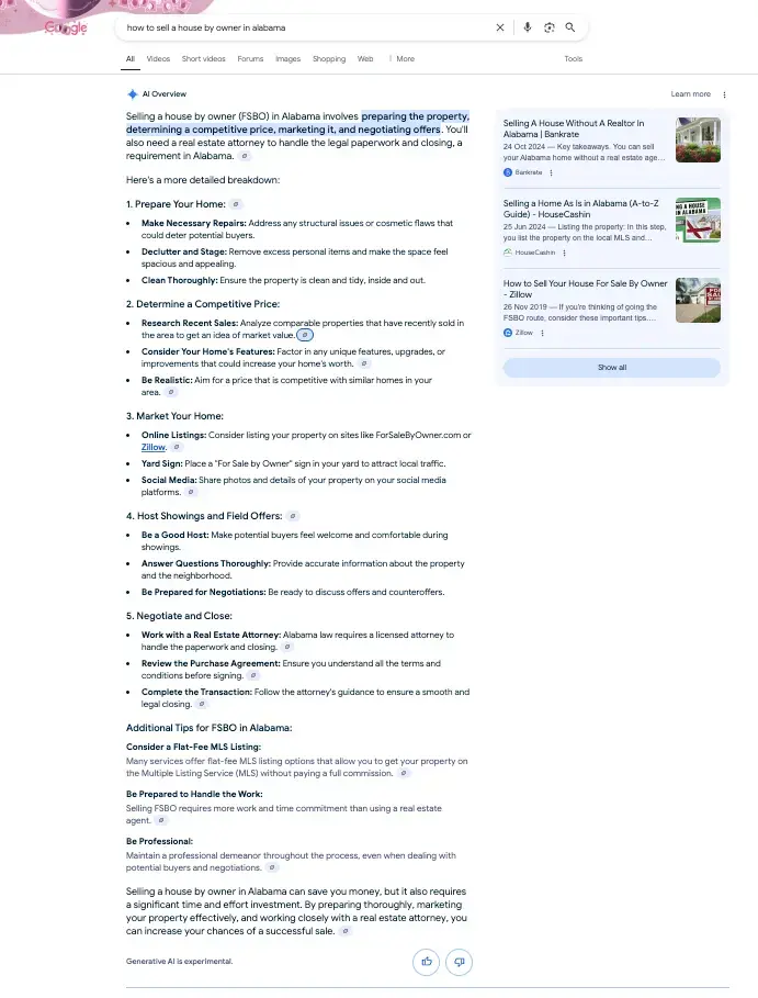 Google Search result for selling house by owner in Alabama with AI Overview panel listing steps