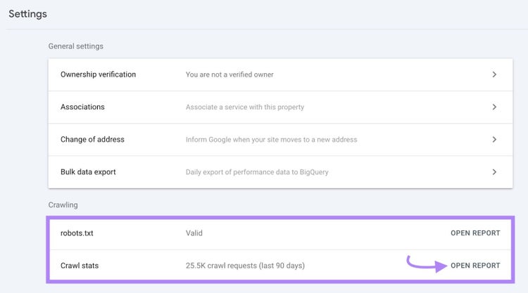 Settings page on Google Search Console with "Crawling" highlighted and "Open Report" next to "Crawl stats" clicked.
