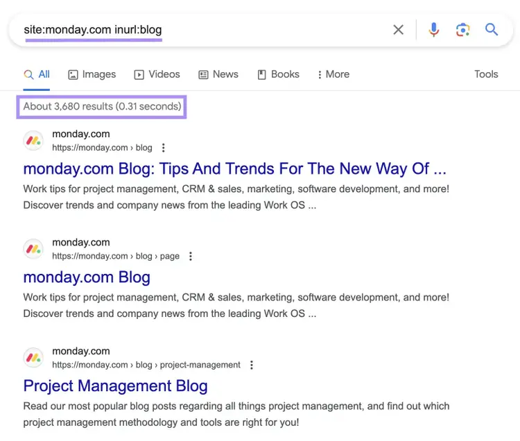 Google's SERP for “site:monday.com inurl:blog” search query
