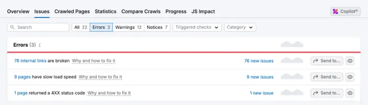 Site Audit Issues: 76 broken internal links, 9 slow-loading pages, errors highlighted