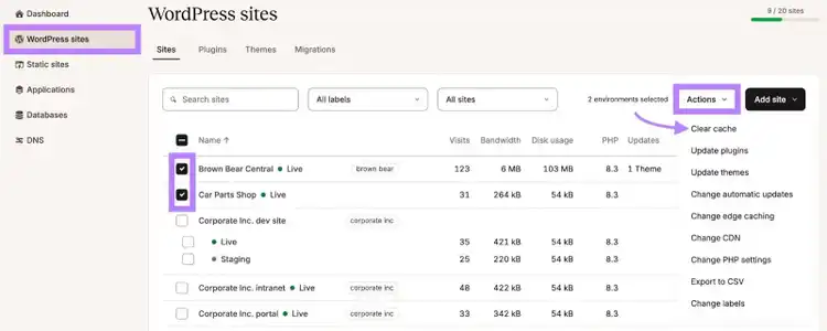 Kinsta dashboard with two WordPress sites selected, "Actions" clicked, and "Clear cache" selected from the list.