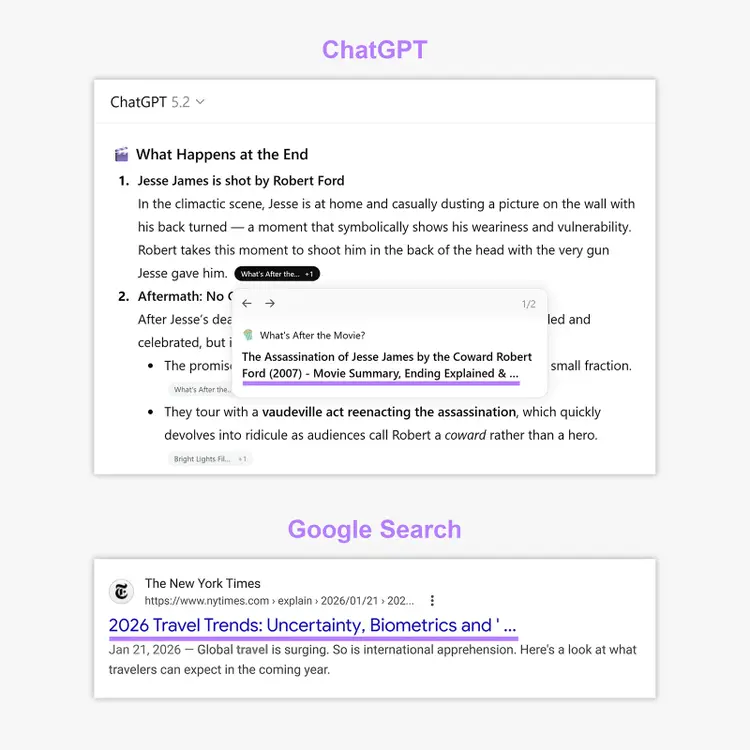 ChatGPT and Google Search results with truncated title tags in listings.