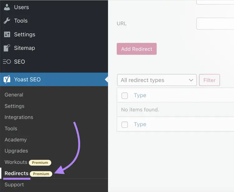 Yoast SEO plugin showing Redirects section with URL field and Add Redirect button