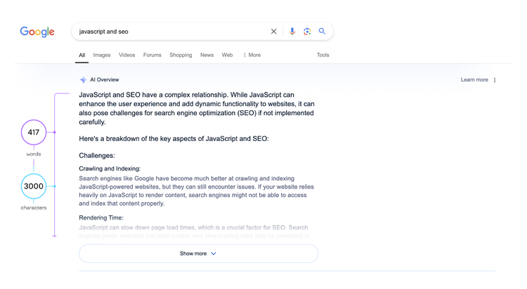 Google search showing AI Overview for javascript and seo with 417 words, 3000 characters