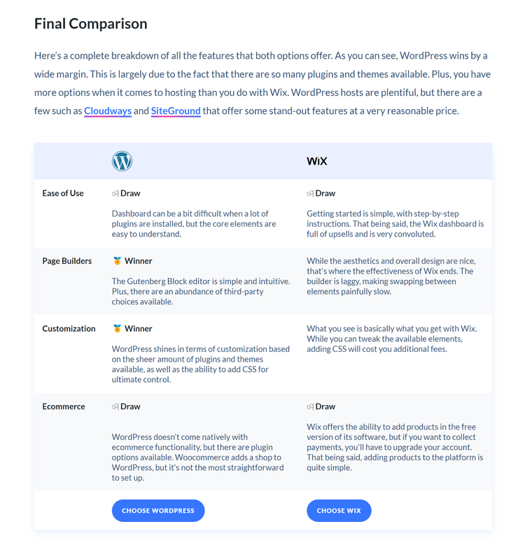 Elegant Themes blog post format with comparison table in conclusion of post.