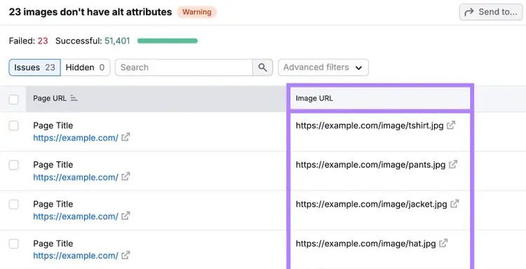 Images are listed by Page URL with specific image URL.