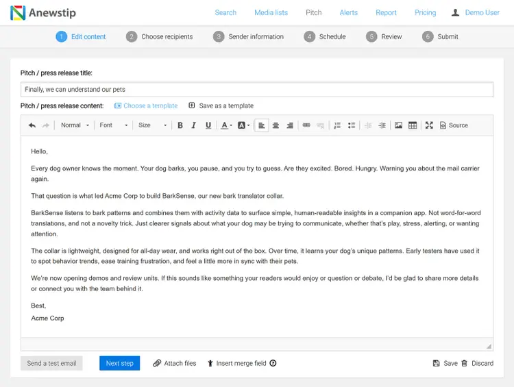 Anewstip press pitch editor with title field, rich text editor, and full draft press release content.