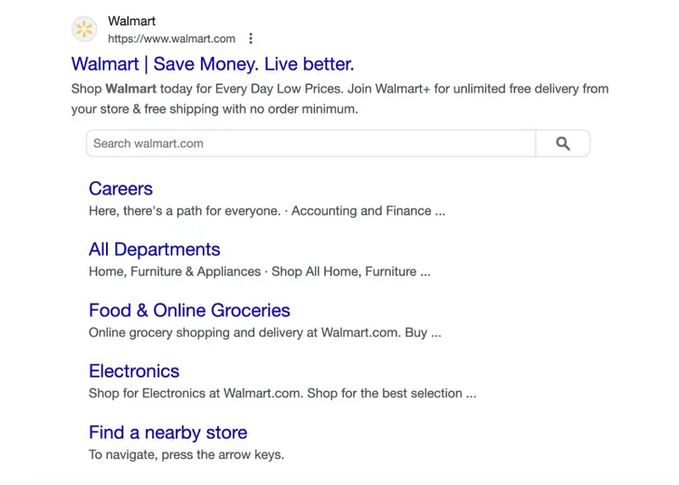 rich result shows sitelinks and search bar beneath the search result