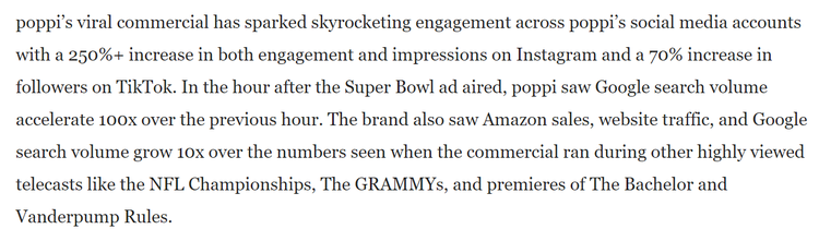 Text describing Poppi's Super Bowl ad impact on social media engagement and search volume metrics