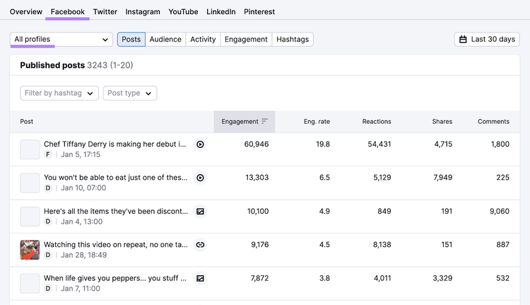 Published posts on Facebook overview in Social Tracker tool