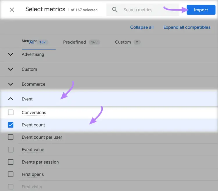 “Event count" selected under "Select metrics" drop-down menu