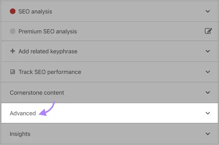 Yoast SEO plugin settings panel showing analysis options, keyphrase tracking, cornerstone content, and Advanced settings