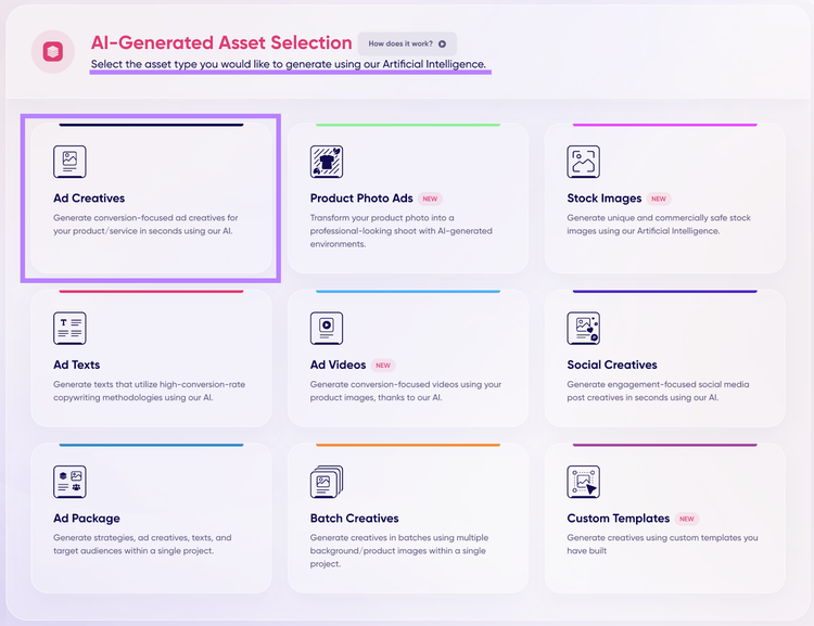 Asset selection showing Ad Creatives highlighted in purple box