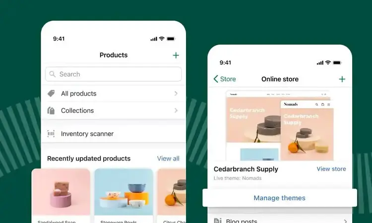 Shopify mobile app showing Products menu and Online store with Cedarbranch Supply