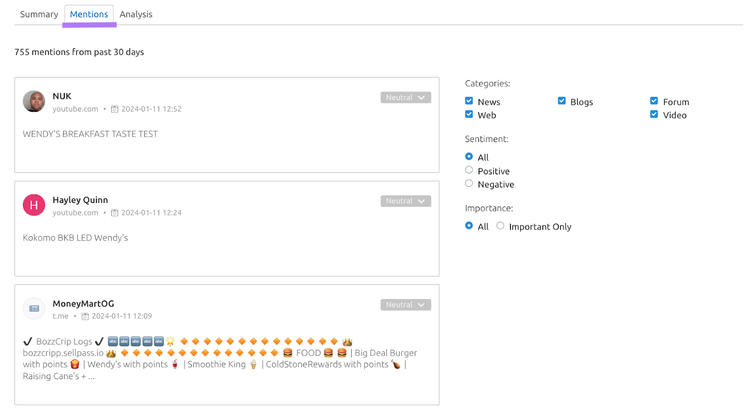 "Mentions" tab in Media Monitoring app