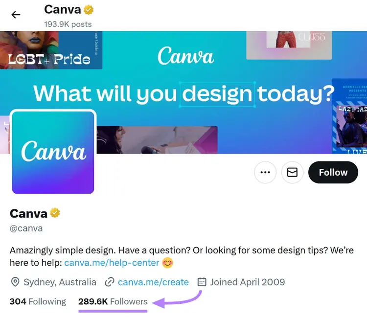 Canva social profile showing 289.6K followers