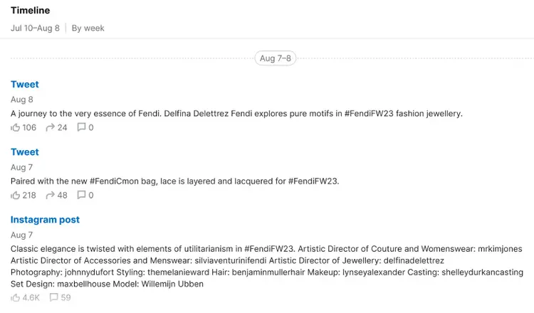 Social media posts timeline showing competitor activity with engagement metrics