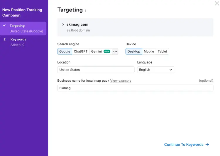 Position Tracking setup targeting step for skimag.com with search engines and location