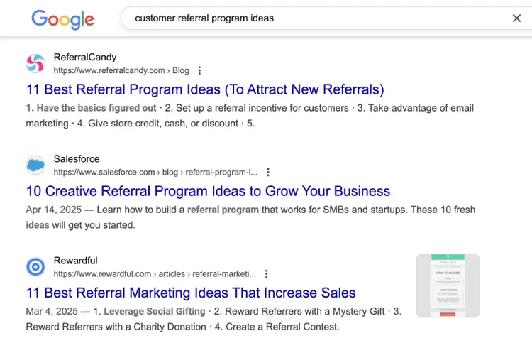 The Google SERP for the keyword shows blog posts with lists of ideas.