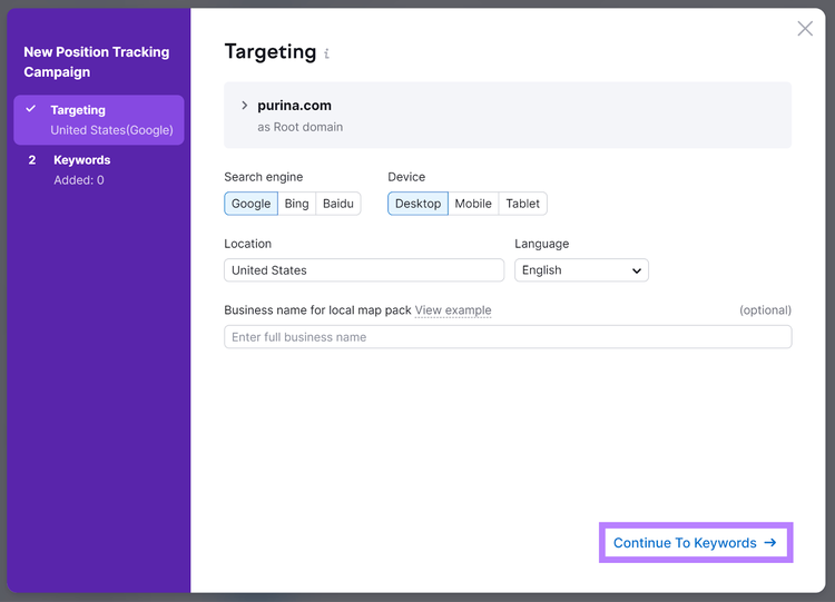 Targeting configuration with location set to United States and 'Continue to keywords' button highlighted