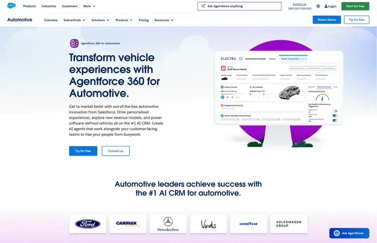 Salesforce Automotive page promoting Agentforce 360 with dashboard UI and automotive brand logos