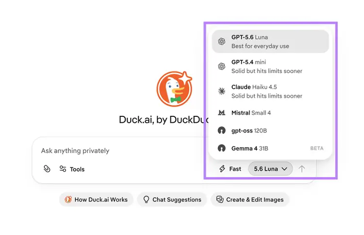 Duck.ai model selector showing GPT, Claude, Mistral, Gemma, and other available AI models