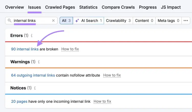 The "Issues" tab on Site Audit with "internal links" entered showing a list of related issues and "90 internal links are broken" clicked.