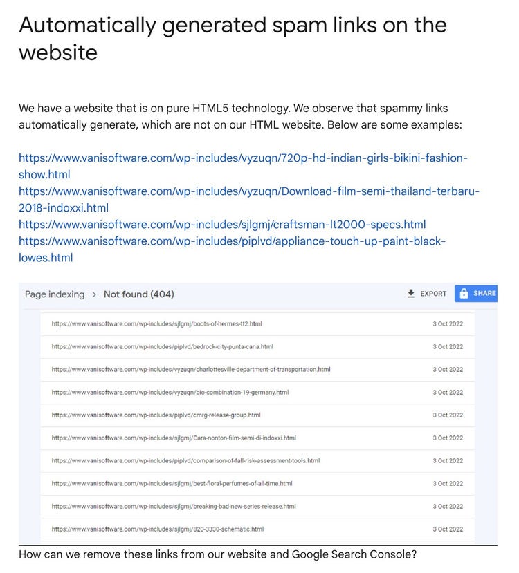 Search Console Help on how to remove harmful auto-generated links