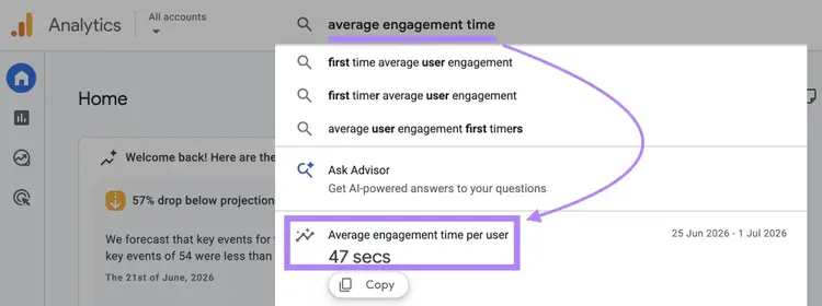 "average engagement time" entered in the GA4 search bar which surfaces the metric directly below.