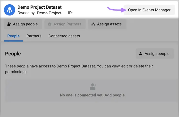 “Open in Events Manager” button highlighted next to the "Demo Project Dataset"
