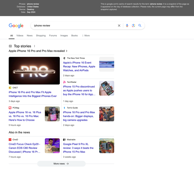 SERP shows top stories and includes a gray bar at the top with relevant query info