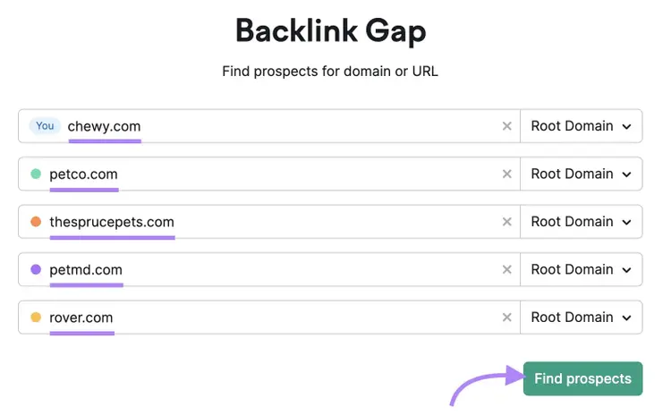 Backlink Gap tool with a domain and four competitor domains entered along with the "Find prospects" button clicked.