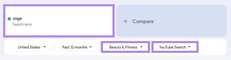 "yoga" entered as the term, "Beauty & Fitness" selected as the category, and "YouTube Search" as the search type on Google Trends.