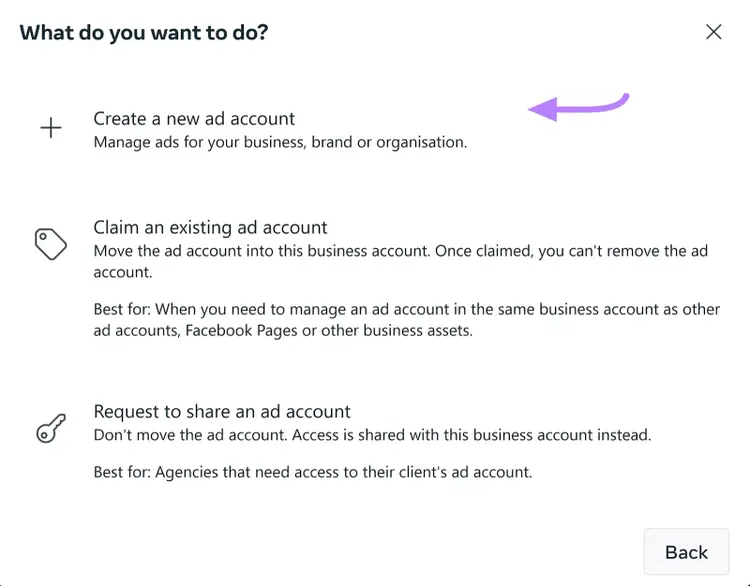 “Create a new ad account" option selected
