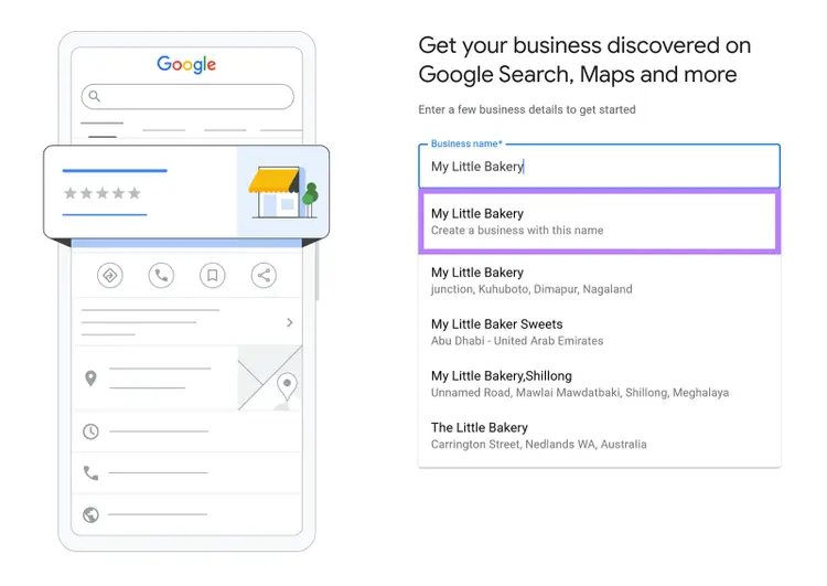 Business creation screen with “My Little Bakery” name option highlighted.