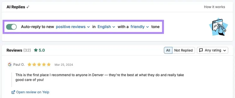 "AI Replies" on the GBP Optimization tool with options to customize the language, tone, and type of reviews to respond to.