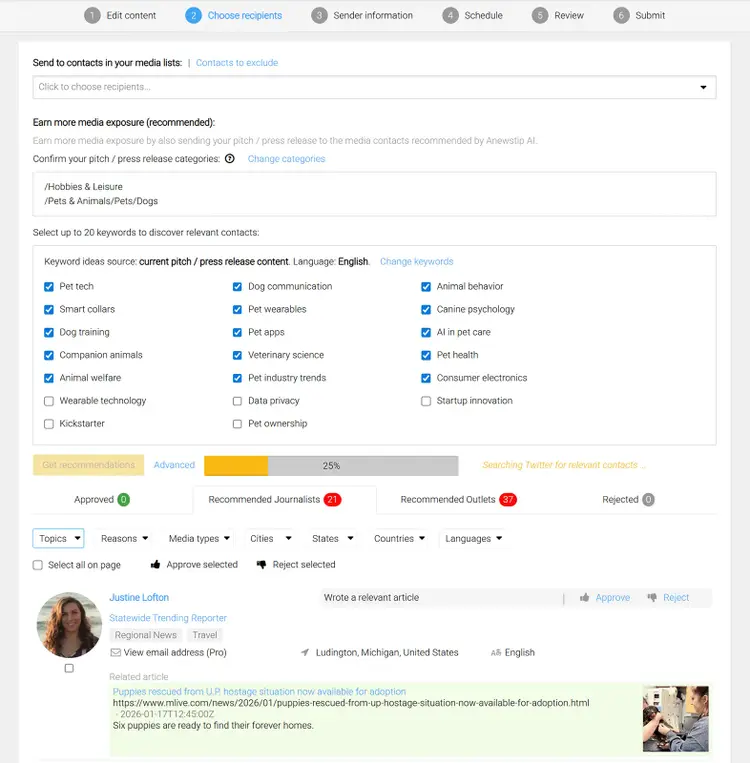 Anewstip recommended journalists list with topics, locations, keywords, and approve or reject actions.
