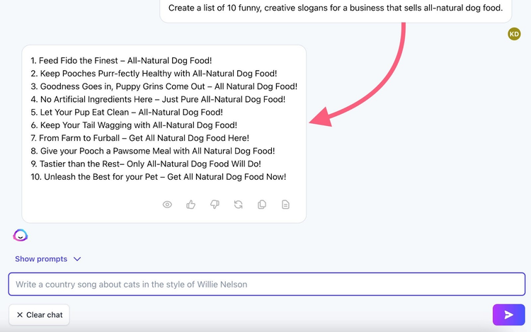 Jasper.ai chat showing 10 creative dog food slogans and input field for generating content in different styles.
