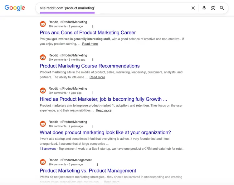 Google search results for product marketing discussions on Reddit using the site:reddit.com search operator