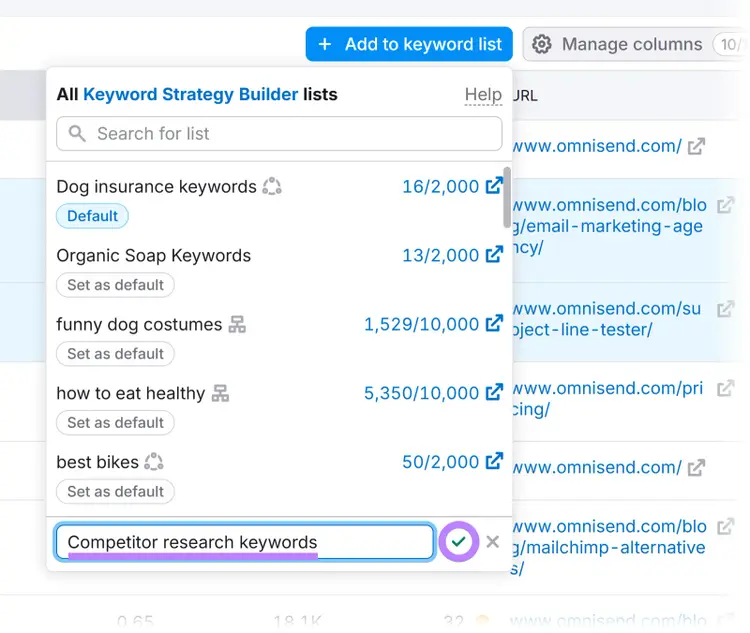 Dropdown to name keyword list with 'Competitor research keywords' entered