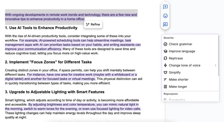 Highlighted text in a Google Doc shows options to check grammar, improve language, change tone of voice, and more editing tools.