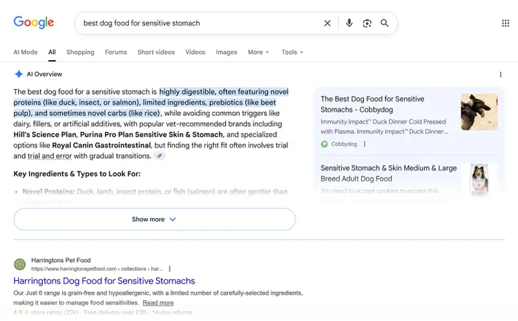 Google AI Overview answering “best dog food for sensitive stomach,” with highlighted text and product cards on the right.