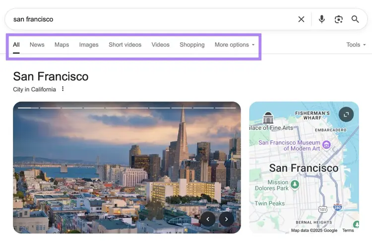 Content type filters appearing directly below the search bar on Google with tabs like news, maps, images, short videos, videos, etc.